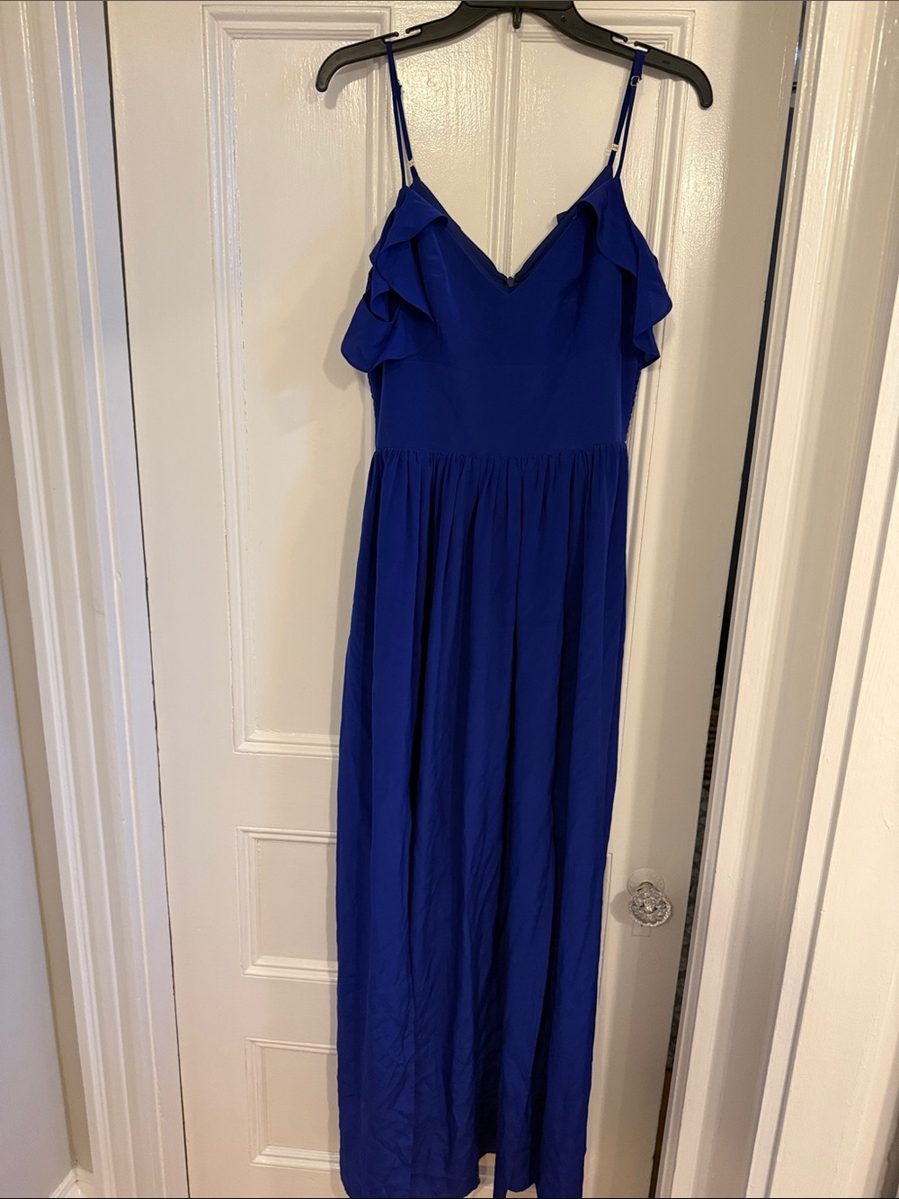 Amanda Uprichard medium Royal Blue Spaghetti Strap Ruffle mini sleeve Maxi Dress